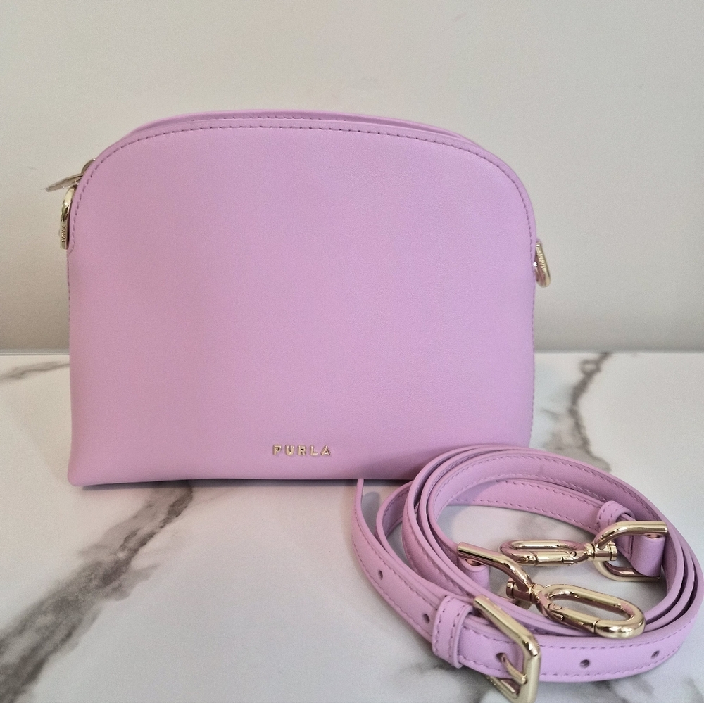 Furla NEW Lilac Leather Crossbody Bag – Small Dome Style, Gold Hardware